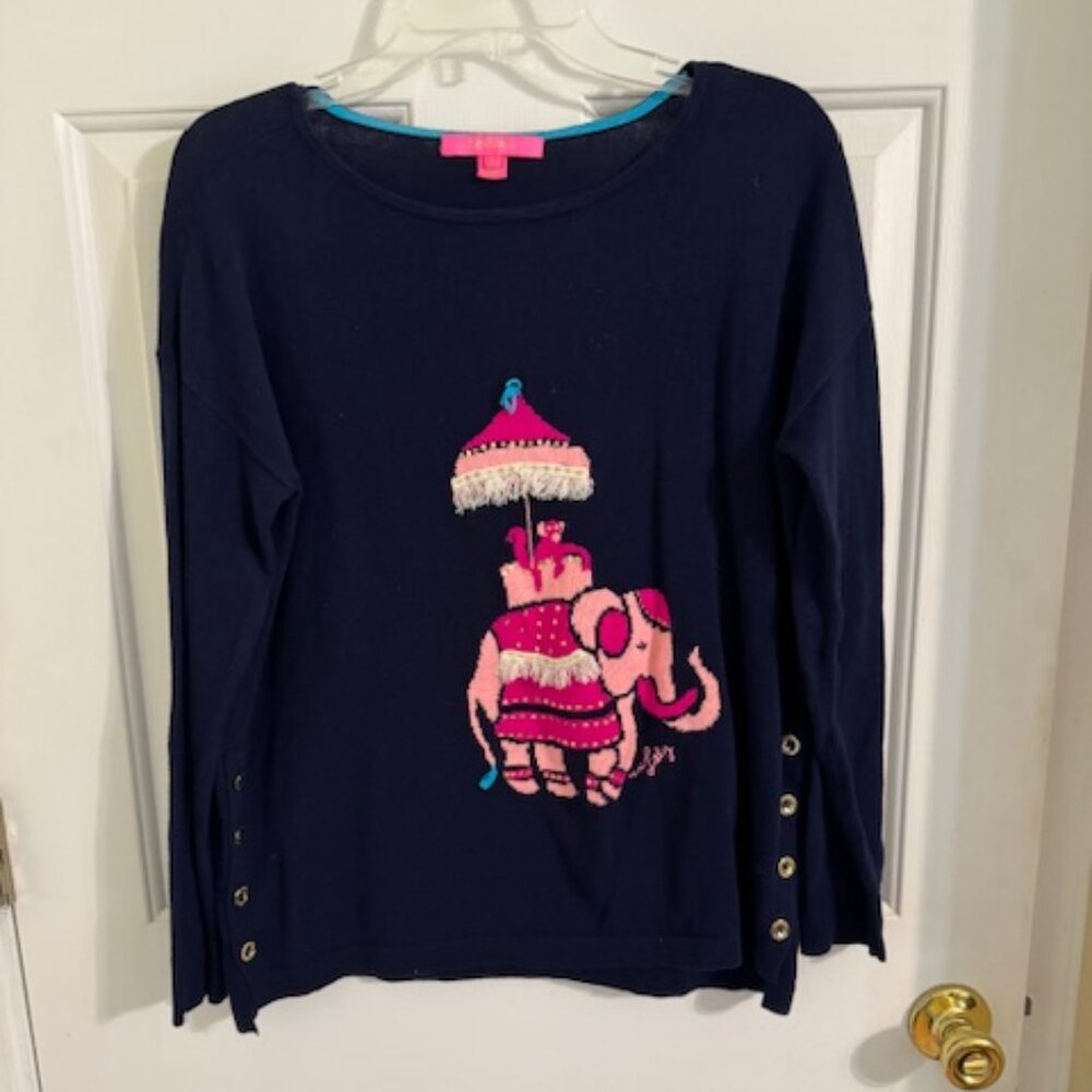 Rare Lilly Pulitzer Caralynn Elephant Sweater Navy Pink EUC Size Small S
